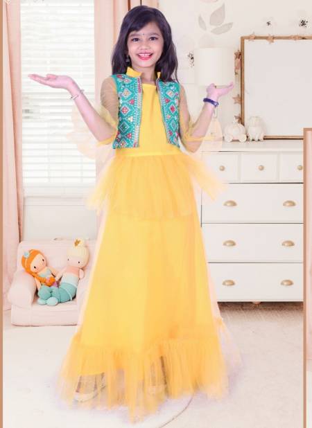 Yellow Colour New Fancy Designer Festive Wear cotton Mirror work Kids Gown Collection HOOLLI 03